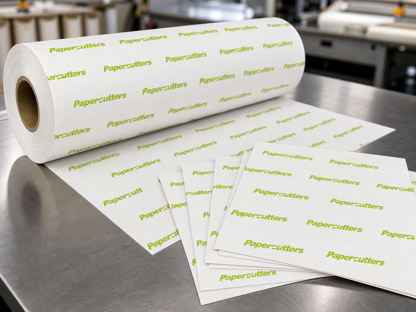 Custom printed food paper roll and sheets with Papercutters logo