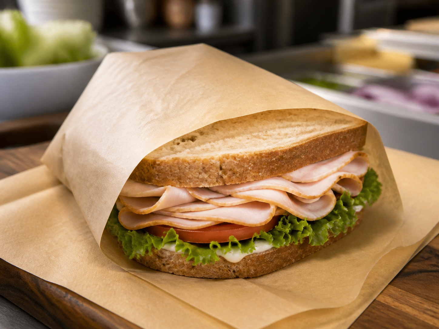 Turkey sandwich with lettuce and tomato wrapped in natural sandwich paper