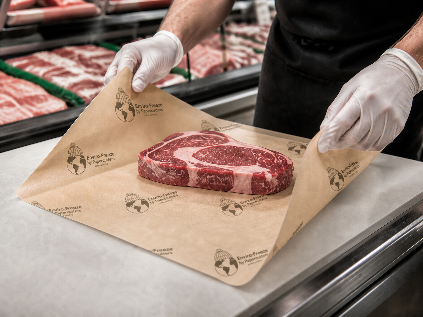 Natural-color Enviro-Freeze freezer paper wrapping steak at a supermarket butcher counter