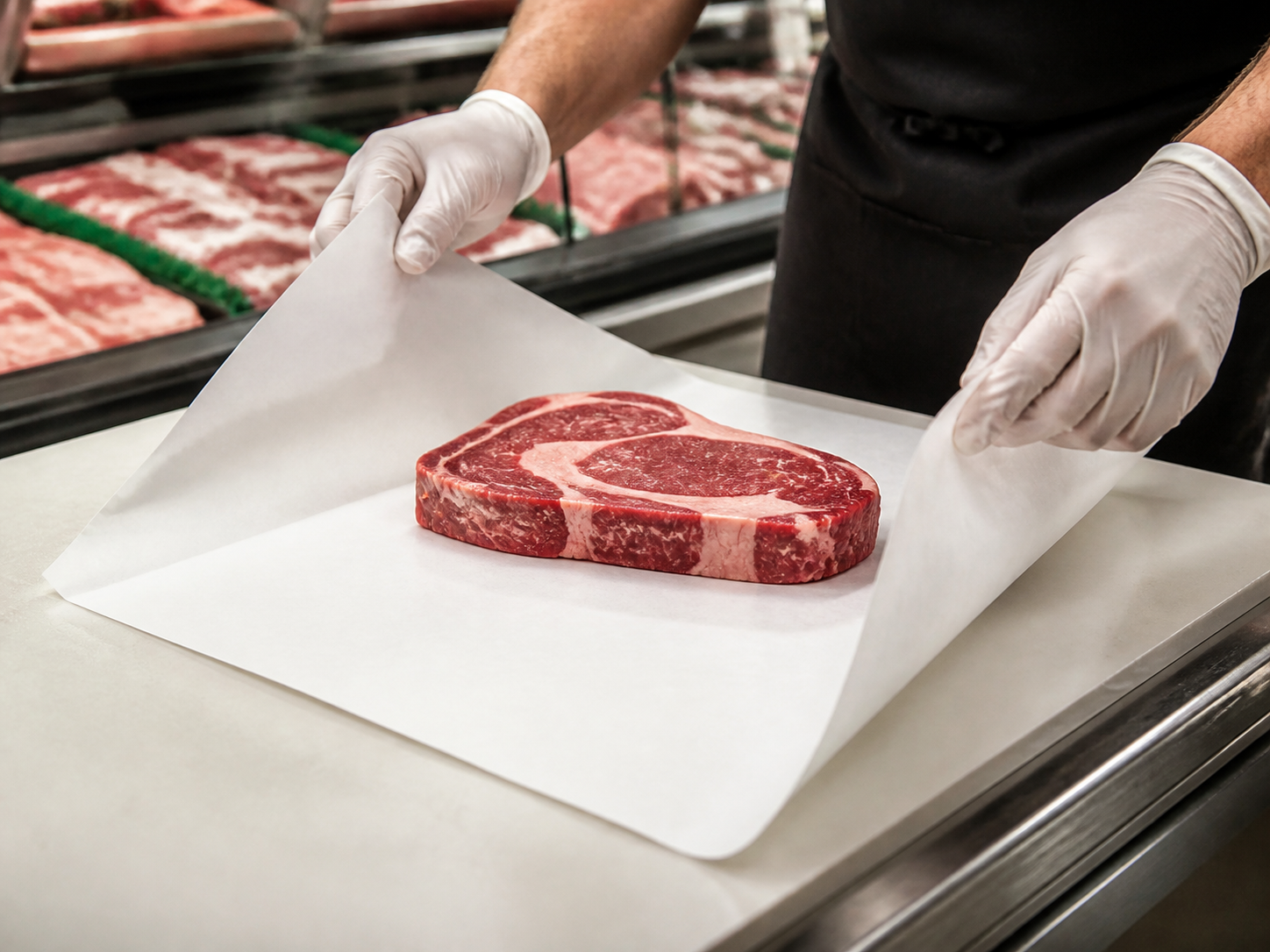 White freezer paper at a supermarket butcher counter with steak ready to wrap