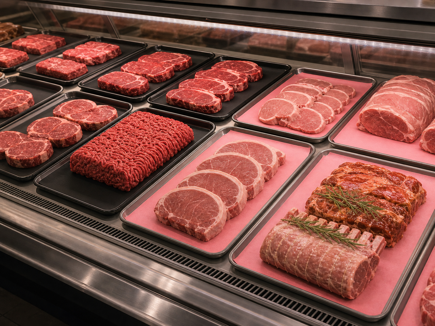 Supermarket meat display case with black and pink steak paper tray liners